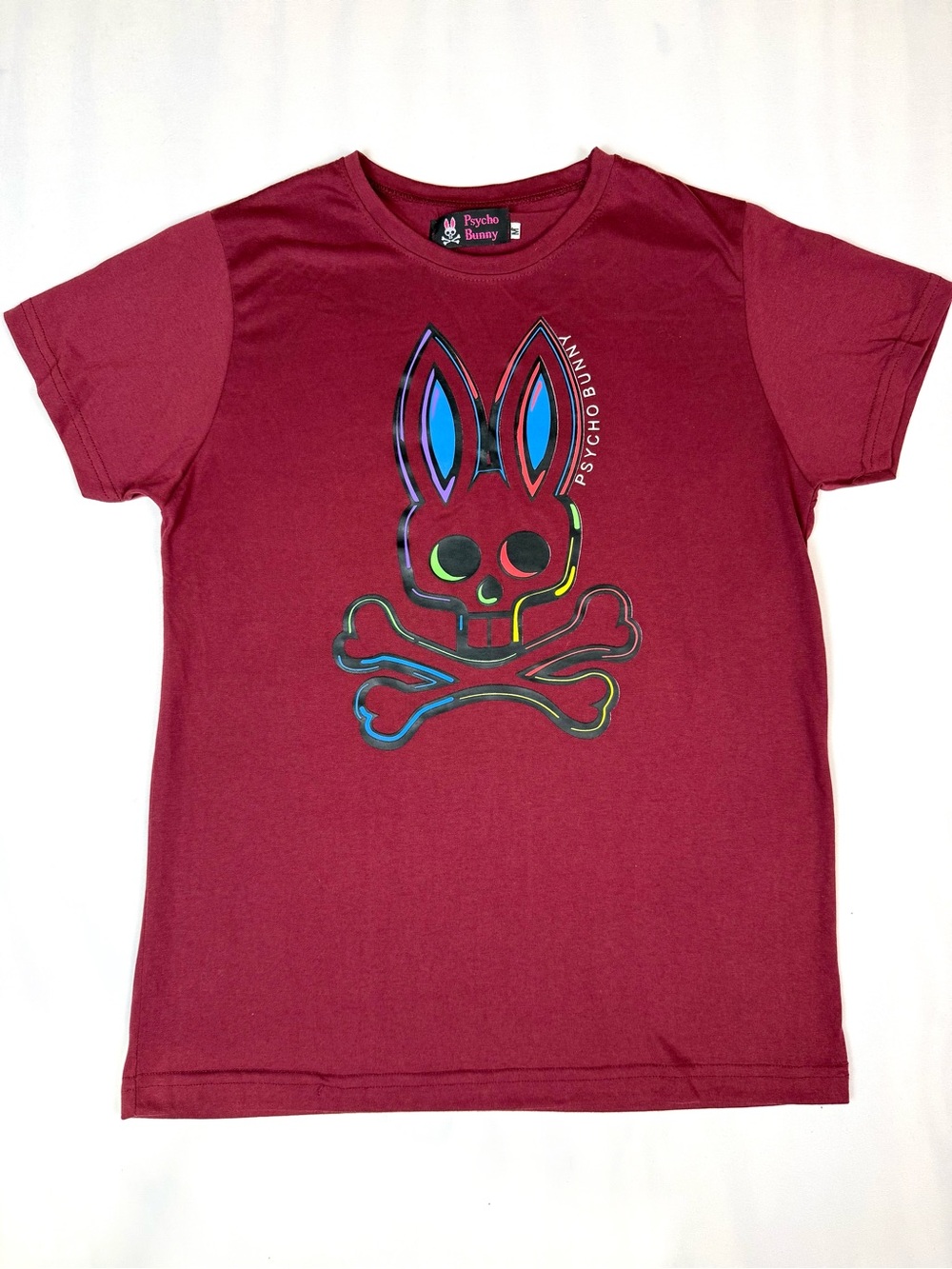 Psycho Bunny Graphic Logo Tee Shirt Burgundy Red Rainbow Skull Bunny Medium